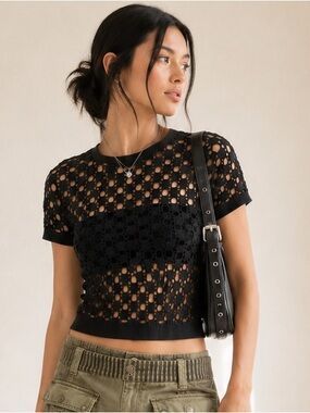 bebe Y2K Open Knit Sheer Top Made in USA Black Sz M/L